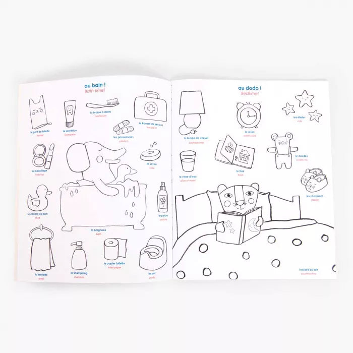 Moulin Roty – Libro da Colorare con Adesivi Bilingue 28 pagine – Collezione Les Popipop