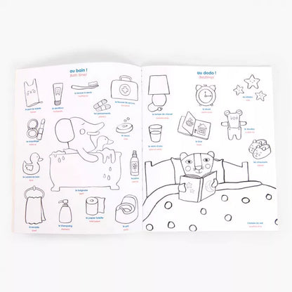 Moulin Roty – Libro da Colorare con Adesivi Bilingue 28 pagine – Collezione Les Popipop