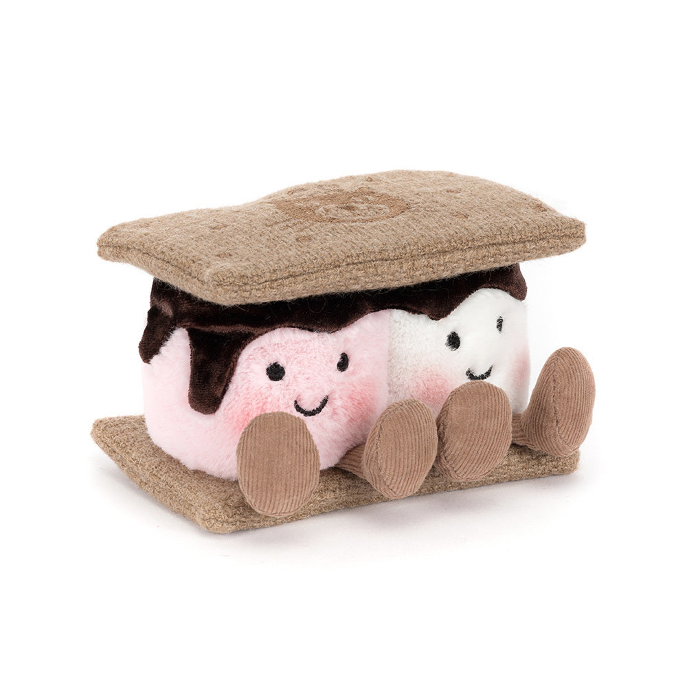 Jellycat Amuseables S'Mores, morbido peluche originale raffigurante due s'mores con sorrisi ricamati e zampette in cordoncino.