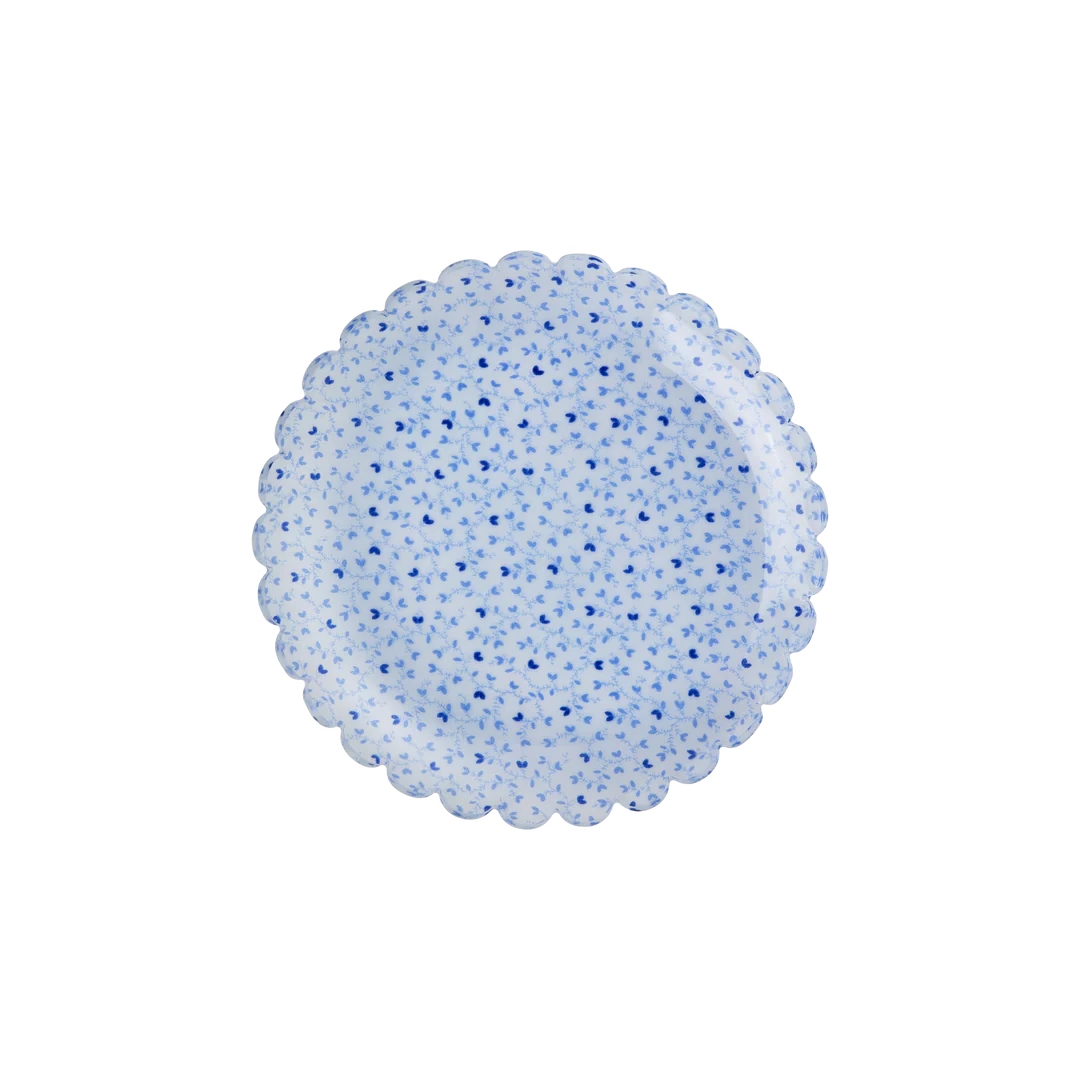 Piatto per dolci in acrilico RICE con cuoricini blu e bordo a fiore, 15 cm