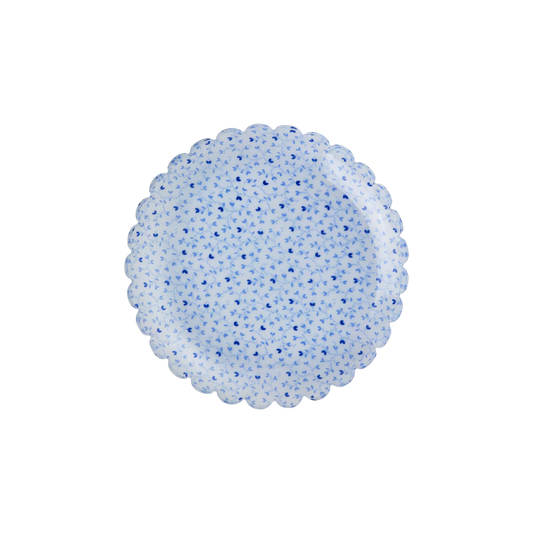 Piatto per dolci in acrilico RICE con cuoricini blu e bordo a fiore, 15 cm