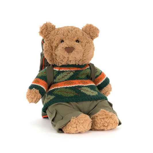 Jellycat Bartholomew Bear Hiking con zaino e cappellino da escursionista, morbidissimo orso di peluche originale.