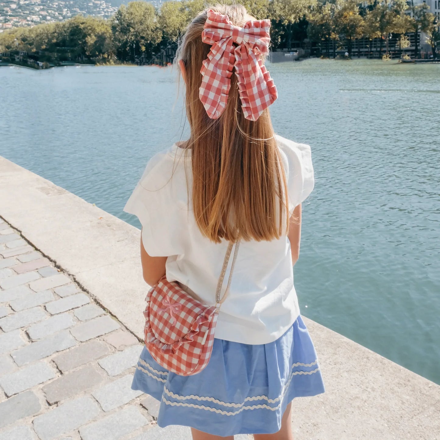 Fiocco Capelli Bambina Vichy Rosa Rockahula – Gingham Ruffle Long Bow Clip