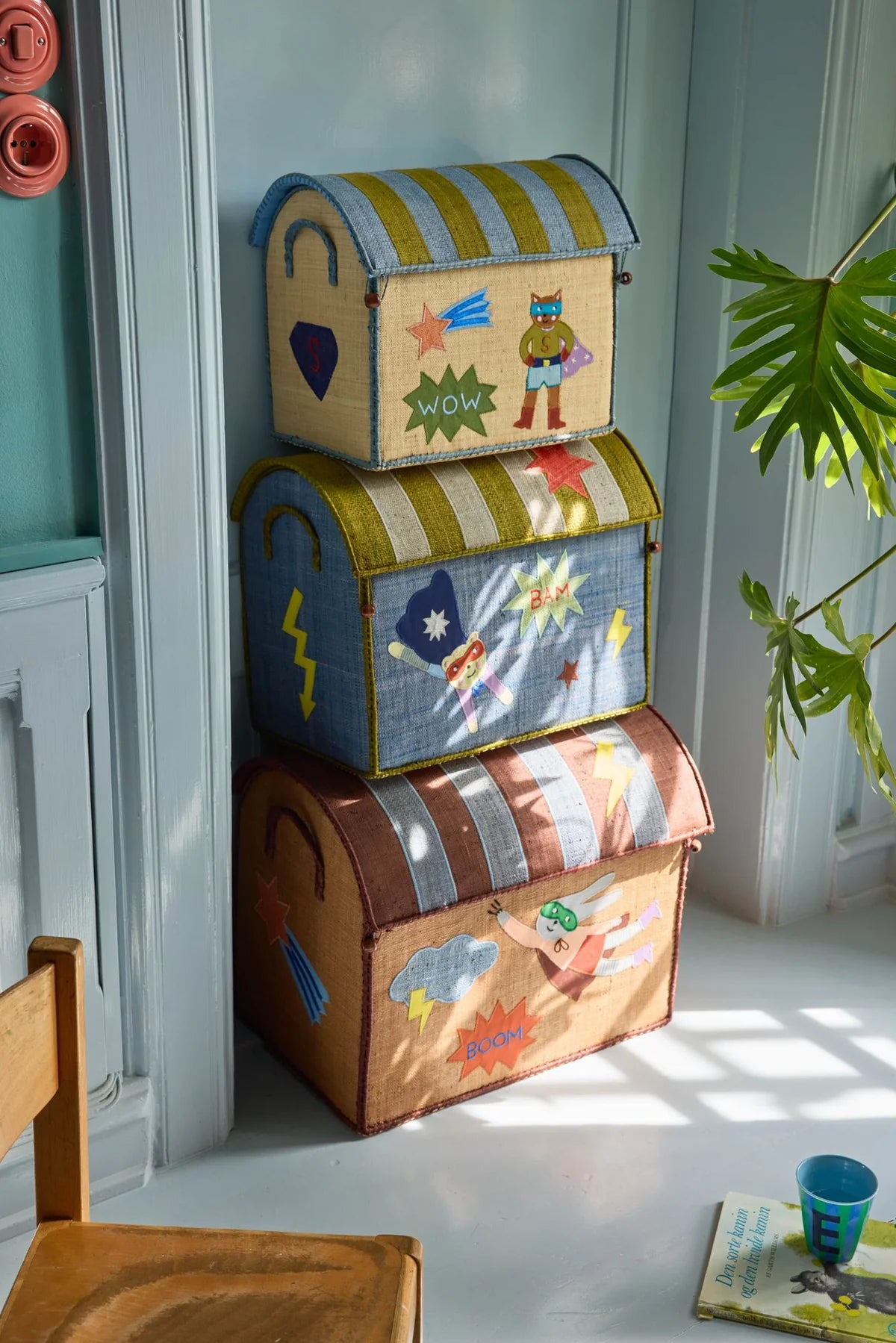 Cesto Porta Giochi in Raffia Medium Rice – Casa Supereroi Blu | Contenitore Cameretta Bambini
