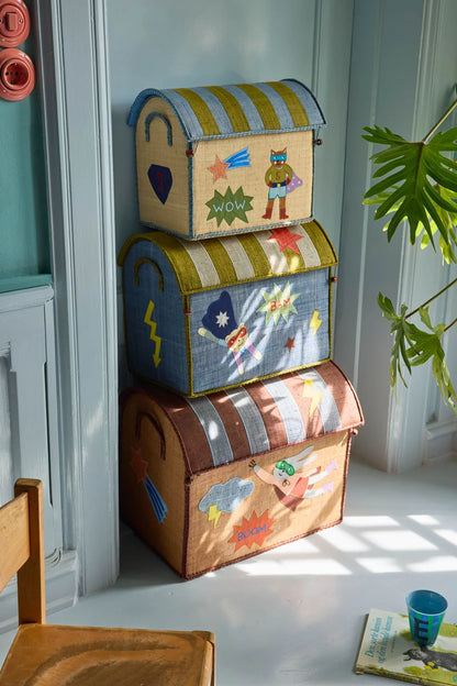 Cesto Porta Giochi in Raffia Medium Rice – Casa Supereroi Blu | Contenitore Cameretta Bambini