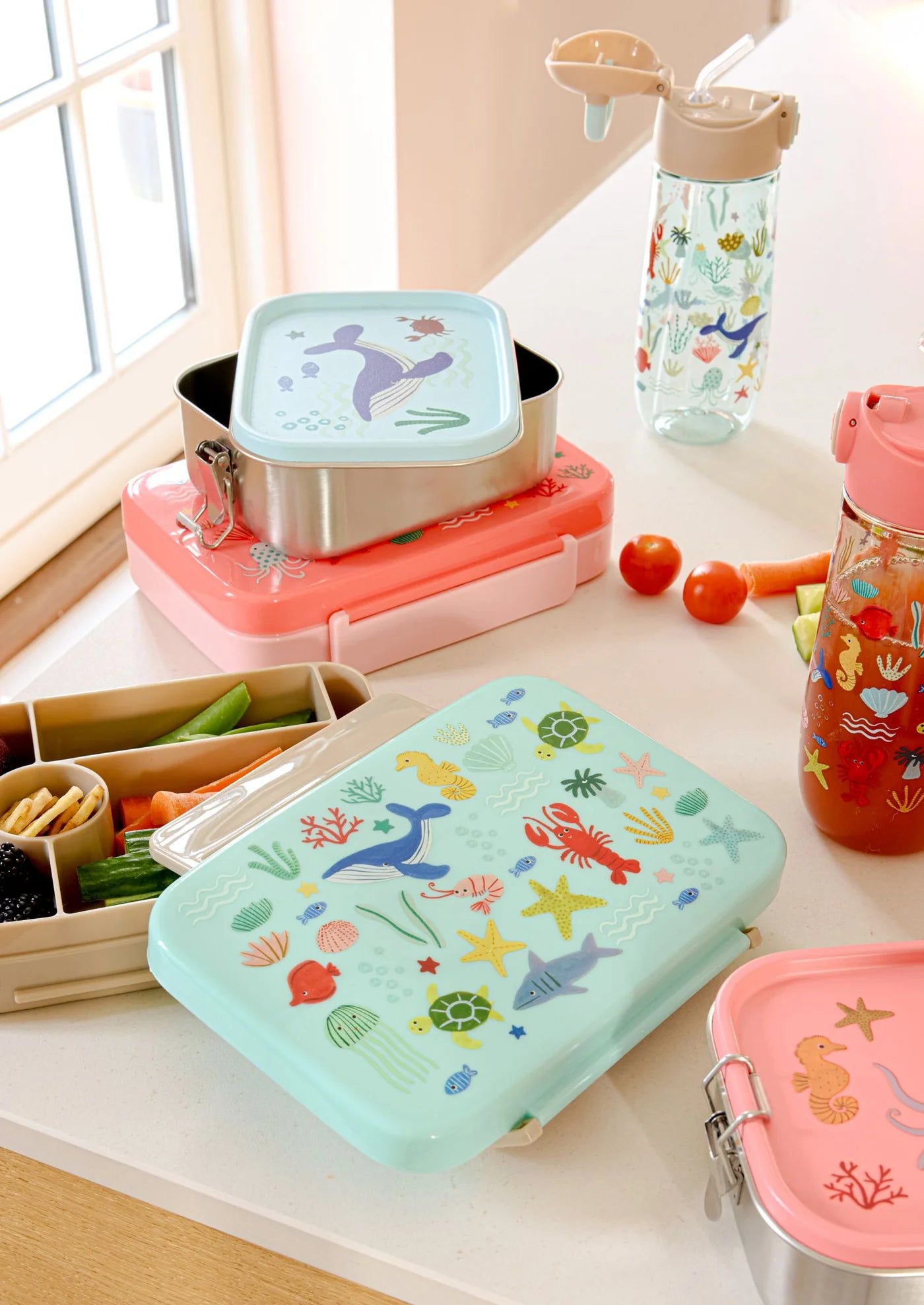 Lunch Box Rice Ocean Print Corallo con 6 Scomparti