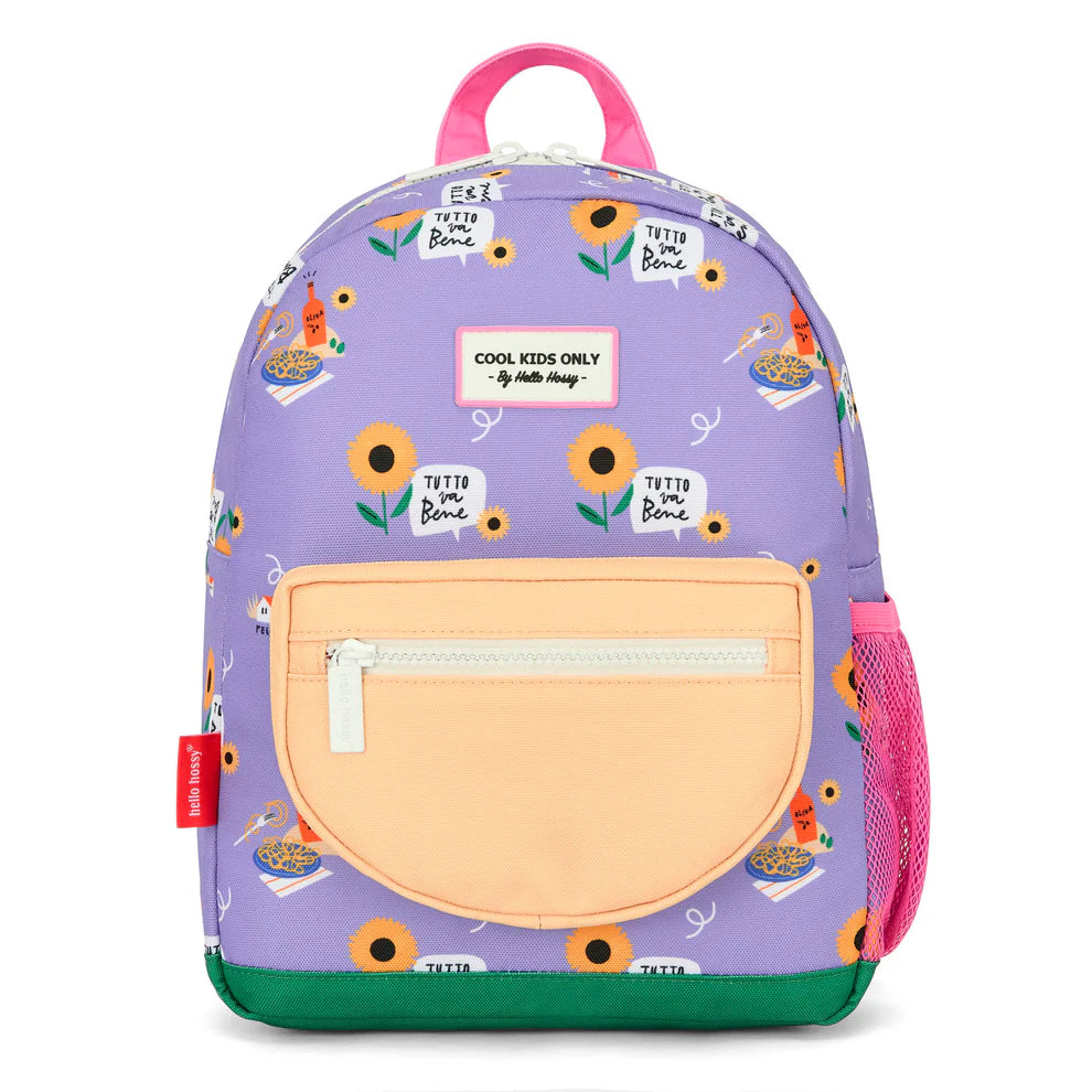 Zaino bambino Hello Hossy Sunflower con fantasia girasoli colorati disponibile nelle misure 2-5 anni e 6+ anni.