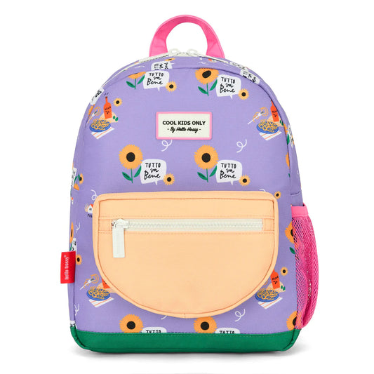 Zaino bambino Hello Hossy Sunflower con fantasia girasoli colorati disponibile nelle misure 2-5 anni e 6+ anni.