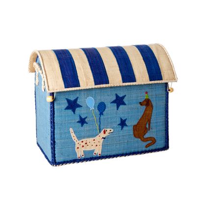 RICE Cesto Giochi in Rafia Blue Party Animal - Piccolo - Apple Pie