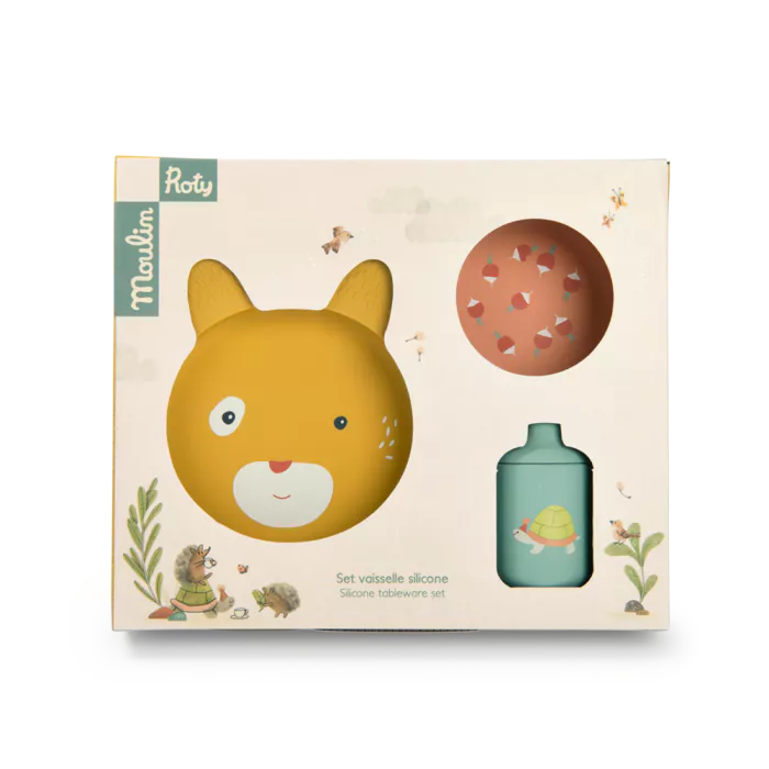 Moulin Roty Trois Petits Lapins – Set Pappa Silicone con Piatti e Tazza