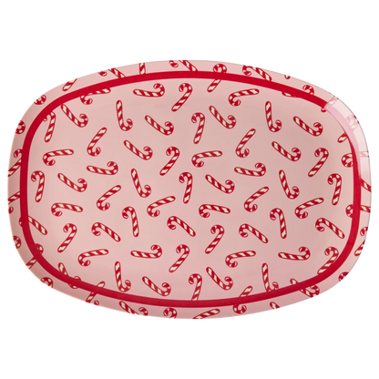 Piatto grande natalizio RICE Candy Cane in melamina rosa 30x22 cm