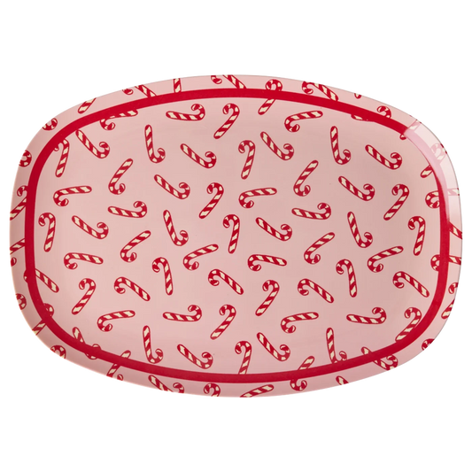 Piatto grande natalizio RICE Candy Cane in melamina rosa 30x22 cm