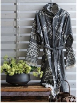 Accappatoio donna Aelia Anna nero in cotone leggero stile hamam con cappuccio e cintura