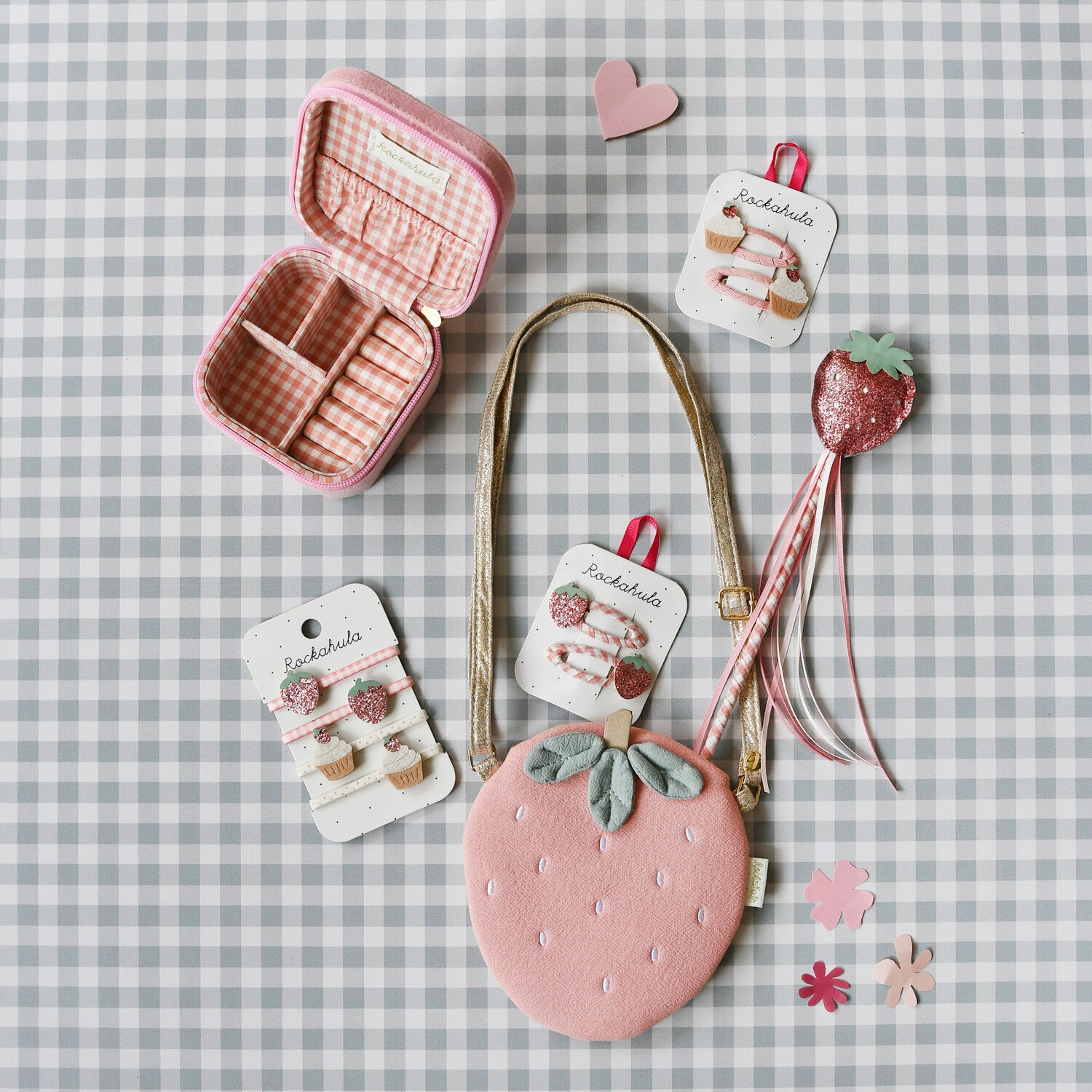 PortaRockahula gioie, mollette, elastici per capelli, borsa e baccetta magica tema fragole