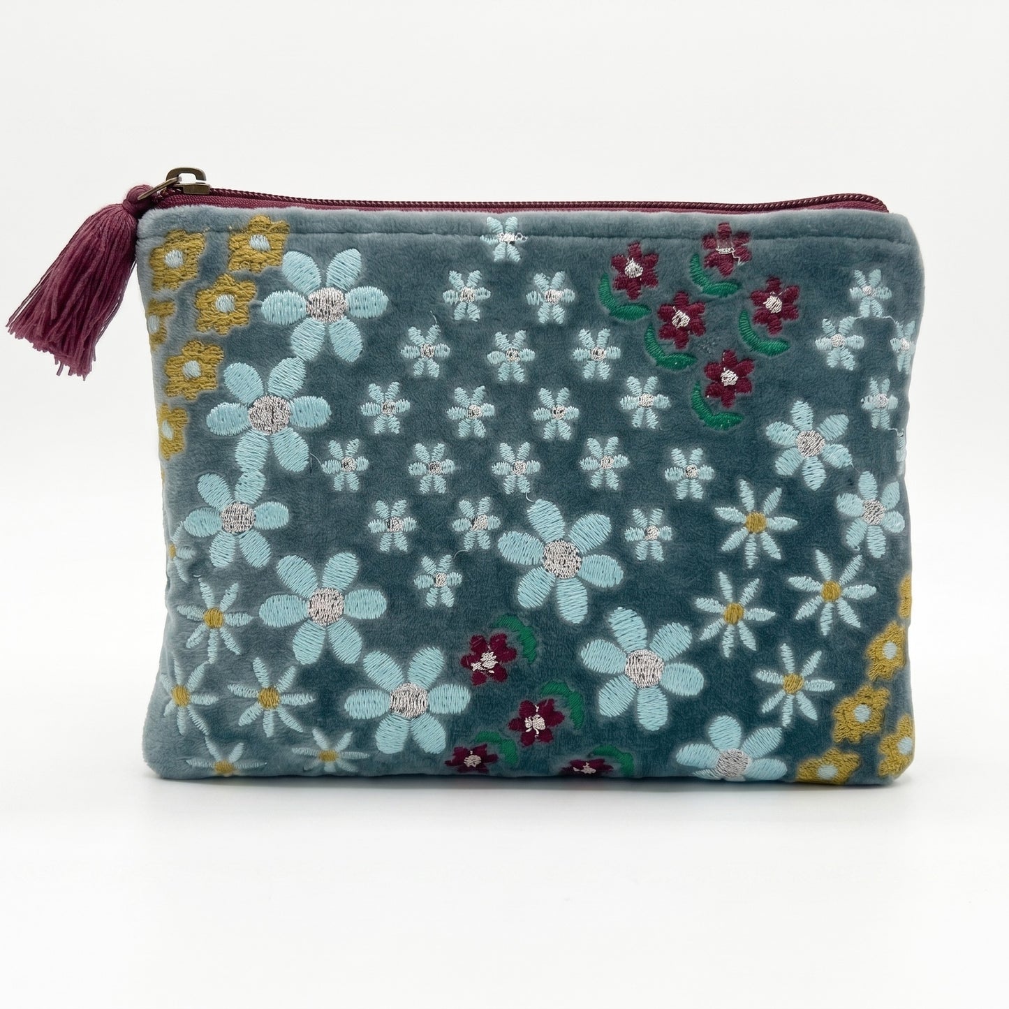 Pochette SantHonoré in Velluto Fiori azzurri e viola  sfondo blu 20x15 cm