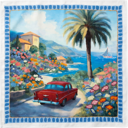 Bandana Vismaya 19893 Blue in cotone con illustrazione della Riviera Mediterranea, auto d'epoca rossa, mare, palma e fiori ricamati.