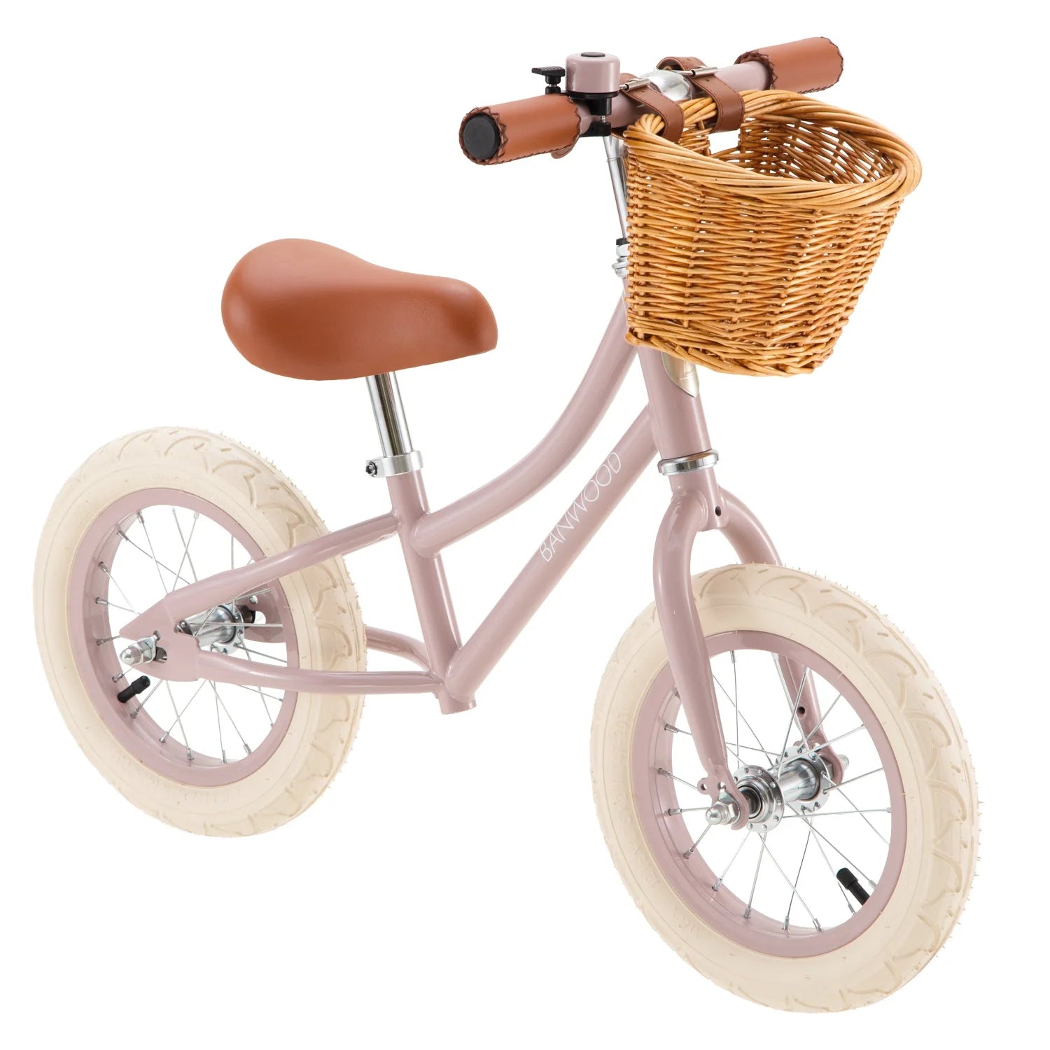 Bicicletta Banwood First Go! Dusty Pink vista frontale con cestino in vimini