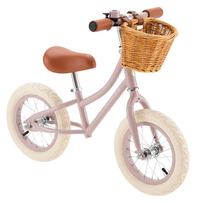 Bicicletta Banwood First Go! Dusty Pink vista frontale con cestino in vimini