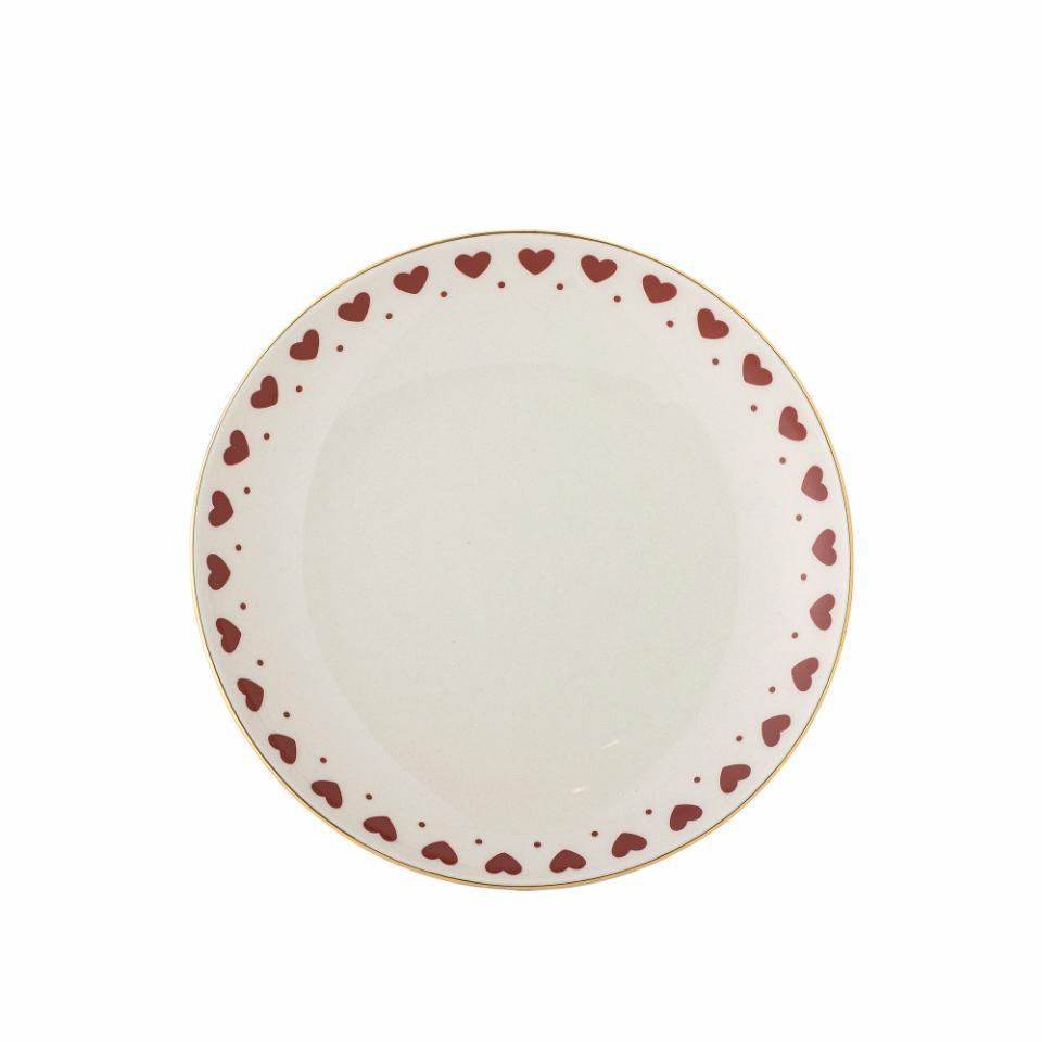 Piatto dessert Bloomingville Jolly rosso con cuori e bordo oro