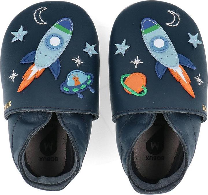 Bobux Soft Sole Cosmic Rocket Navy, scarpine in pelle blu con razzo spaziale, pianeti e stelle per neonati e primi passi, suola antiscivolo.