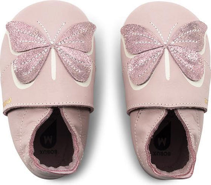 Bobux Soft Sole Glitter Wings Blossom, scarpine in pelle rosa con farfalla glitterata per neonati e primi passi, suola antiscivolo.