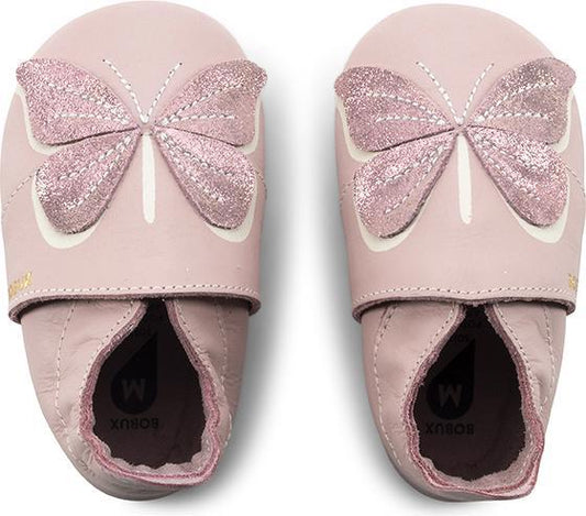 Bobux Soft Sole Glitter Wings Blossom, scarpine in pelle rosa con farfalla glitterata per neonati e primi passi, suola antiscivolo.