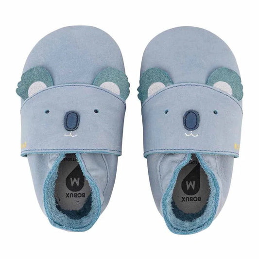 Bobux Soft Sole Koko Slate, scarpine in pelle blu ardesia per neonati e primi passi con suola antiscivolo.