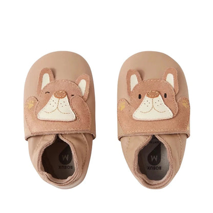 Bobux Soft Sole Peeking Puppy Warm Taupe, scarpine in pelle color taupe con cagnolino per neonati e primi passi, suola antiscivolo.