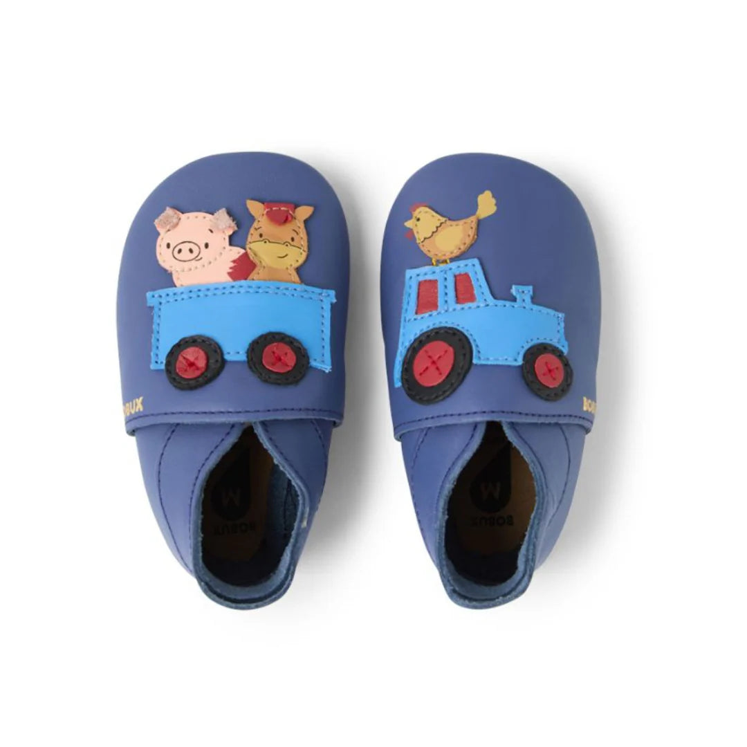 Scarpine Bobux Soft Sole Rusty Ride Blue Indigo in pelle con stampa fattoria