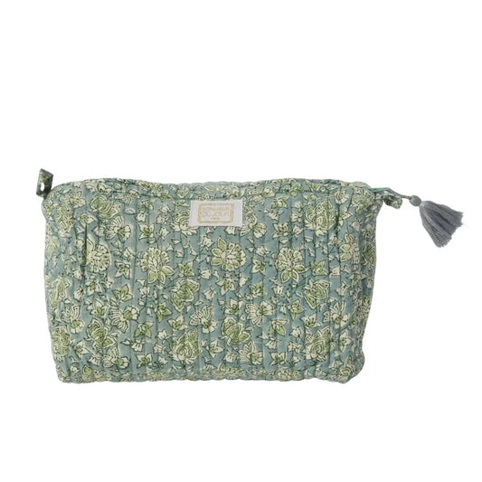 Beauty case Bonheur du Jour Arushi Blue Green trapuntato in cotone floreale con nappina