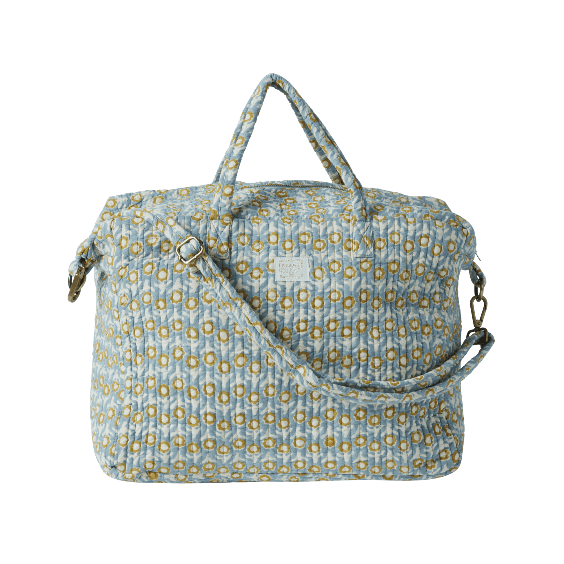 Tote Bag Bonheur du Jour Isha Blue in cotone trapuntato con stampa floreale block print