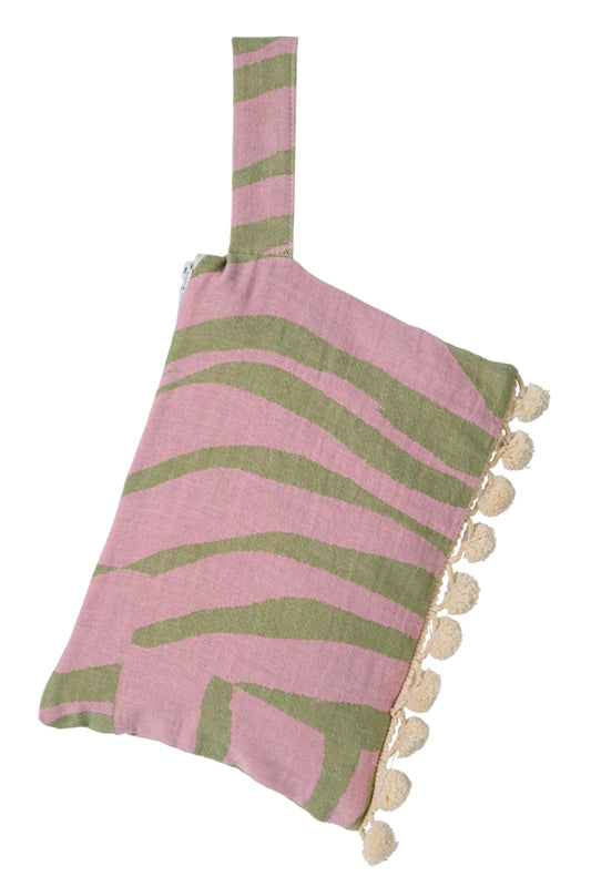 Aelia Anna Borsa Clutch fantasia Kithnos con Pon-pon Rosa e verde Oliva