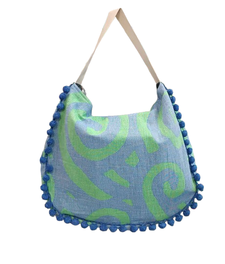 borsa mare aelia anna avra azzurro lime con pon pon cotone 100 estiva capiente