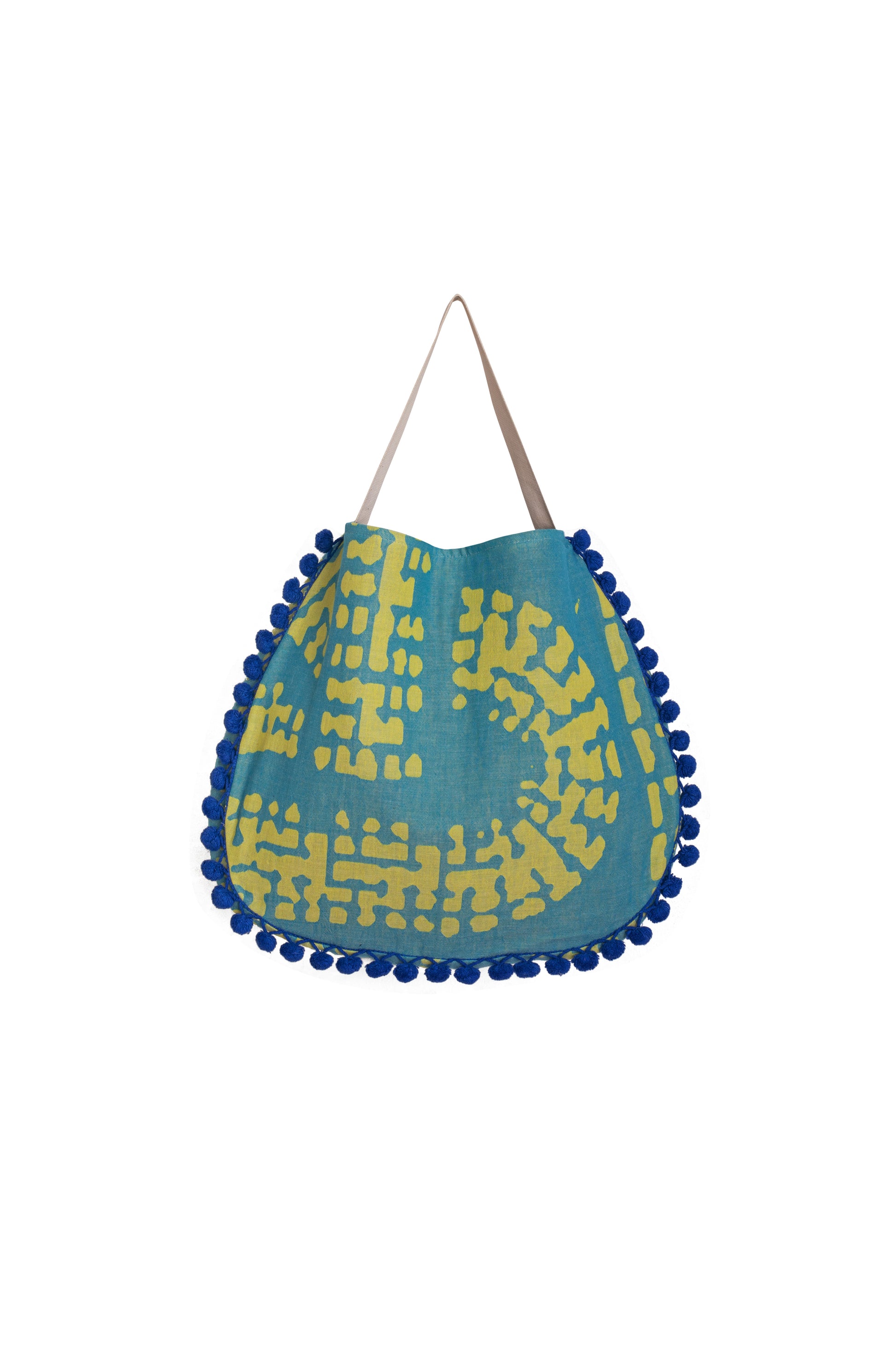 borsa mare aelia anna greek mosaic petrolio giallo pon pon cotone capiente estiva