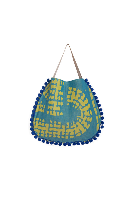 borsa mare aelia anna greek mosaic petrolio giallo pon pon cotone capiente estiva