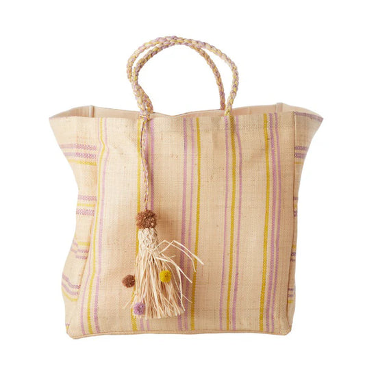 Borsa grande in rafia a righe lavanda e giallo RICE handmade Madagascar