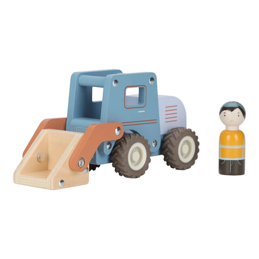 Bulldozer in legno Little Dutch blu con pala anteriore e operaio