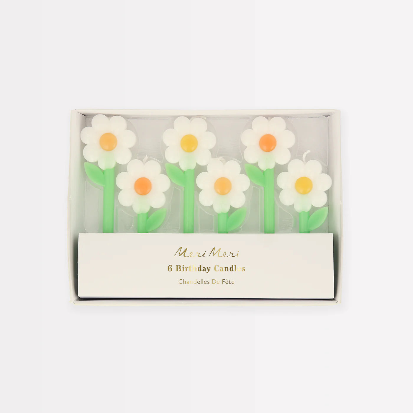 Candele a forma di margherita Meri Meri per decorare torte di compleanno, set da 6 in bianco e verde