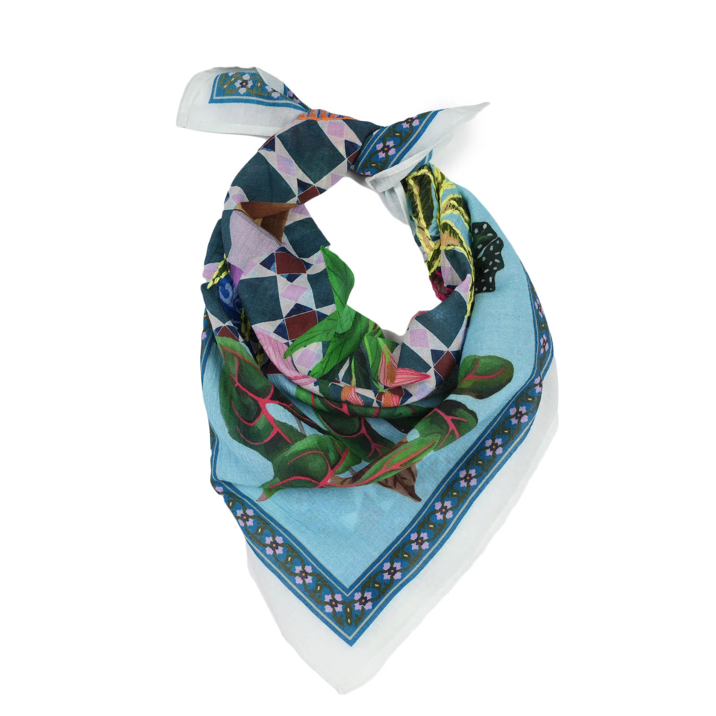 Casa Botanica Bandana Vismaya turchese in 100% cotone con fantasia botanica e ricami floreali