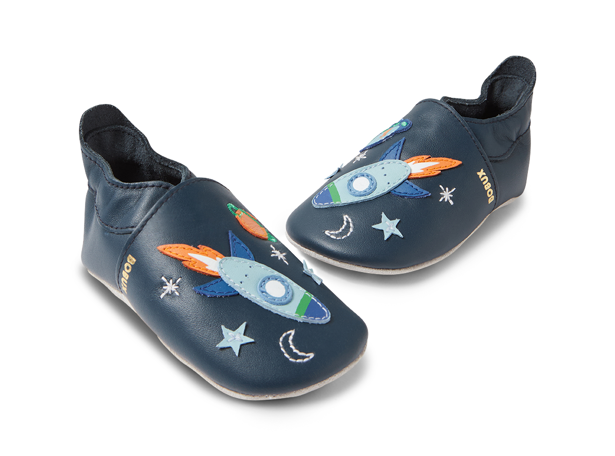 Bobux Soft Sole Cosmic Rocket Navy – Babbucce in Pelle per Neonati e Primi Passi