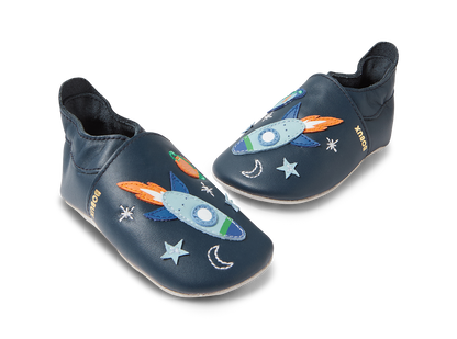 Bobux Soft Sole Cosmic Rocket Navy – Babbucce in Pelle per Neonati e Primi Passi