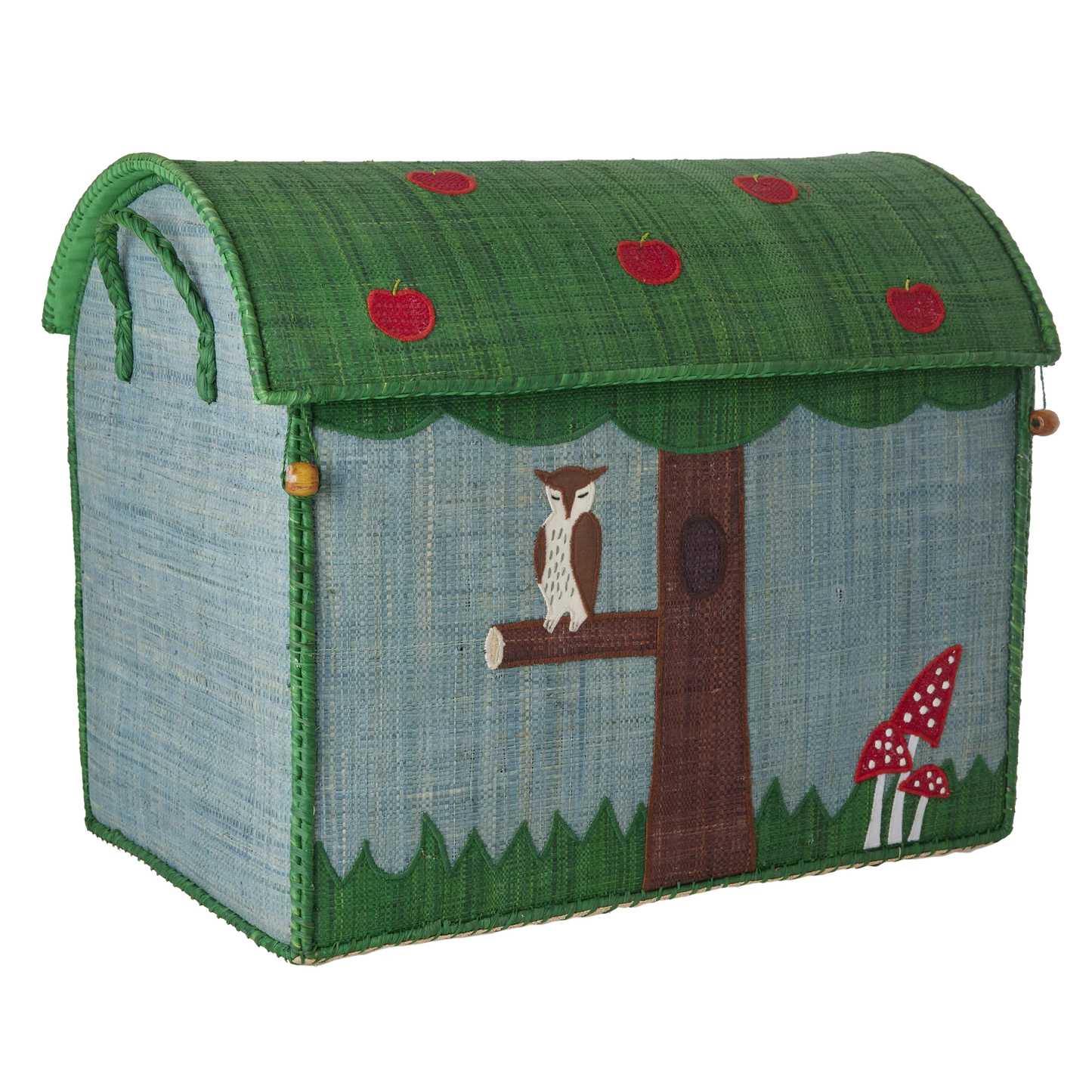 Cesto portagiochi grande in rafia Happy Forest di Rice con fantasia animali del bosco, ideale per organizzare giochi e peluche nella cameretta.