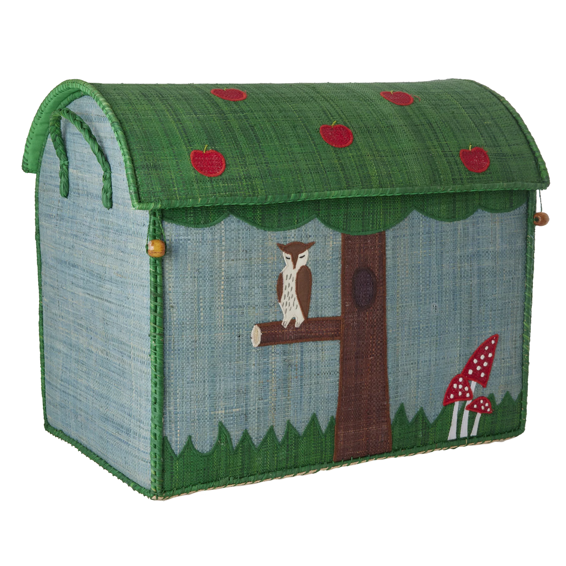 Cesto portagiochi grande in rafia Happy Forest di Rice con fantasia animali del bosco, ideale per organizzare giochi e peluche nella cameretta.
