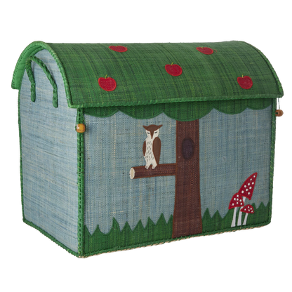 Cesto portagiochi grande in rafia Happy Forest di Rice con fantasia animali del bosco, ideale per organizzare giochi e peluche nella cameretta.