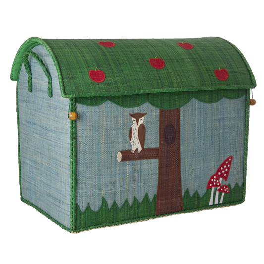 Cesto portagiochi grande in rafia Happy Forest di Rice con fantasia animali del bosco, ideale per organizzare giochi e peluche nella cameretta.