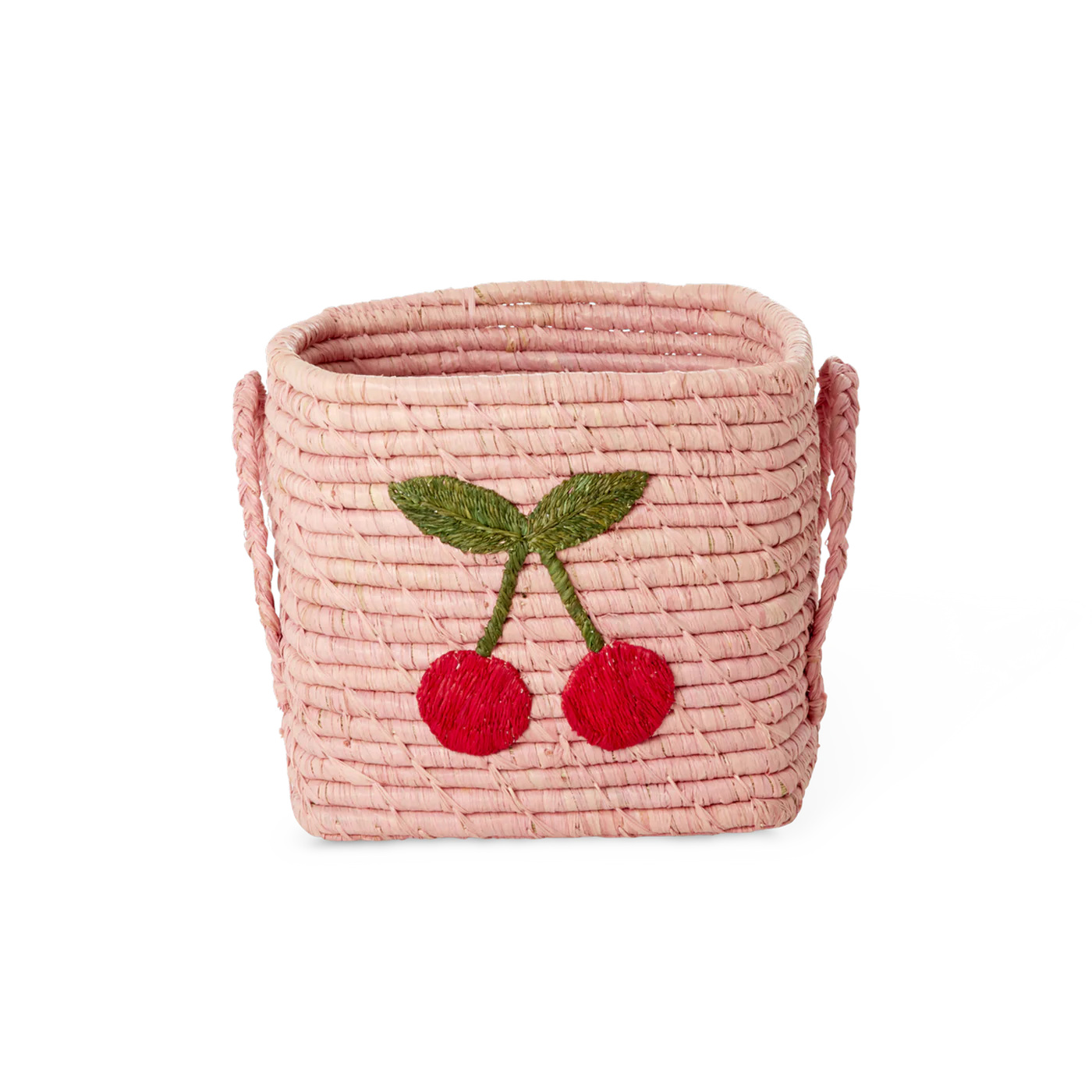 Cesto quadrato piccolo in raffia rosa con ciliegia ricamata Rice Denmark