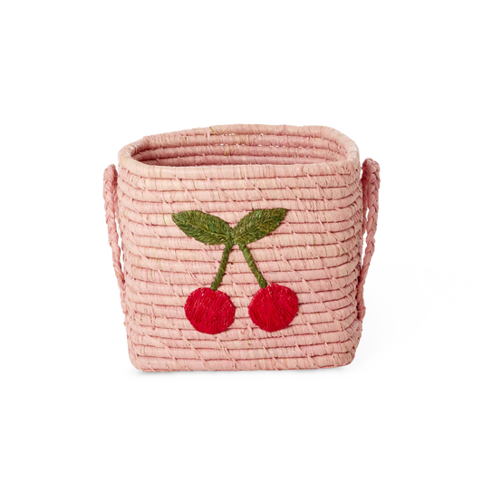 Cesto quadrato piccolo in raffia rosa con ciliegia ricamata Rice Denmark
