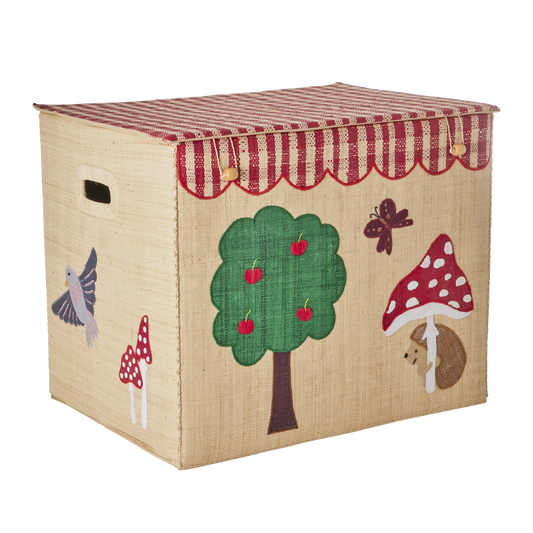 cesto in rafia extra large Rice Denmark beige con riccio, funghetto e coperchio a righe rosse