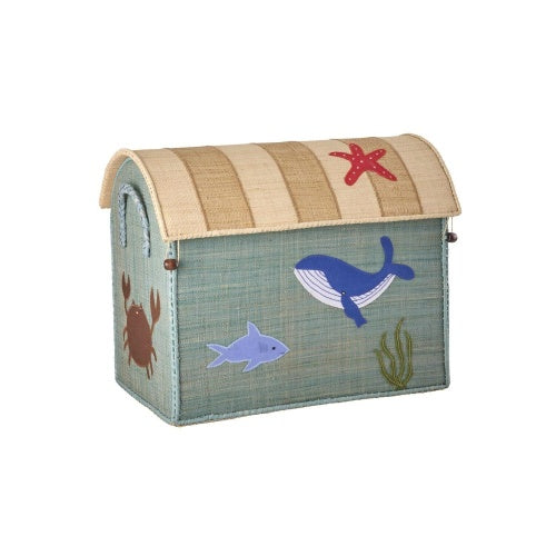 cesto in rafia medio Rice Denmark con balena blu e coperchio a righe