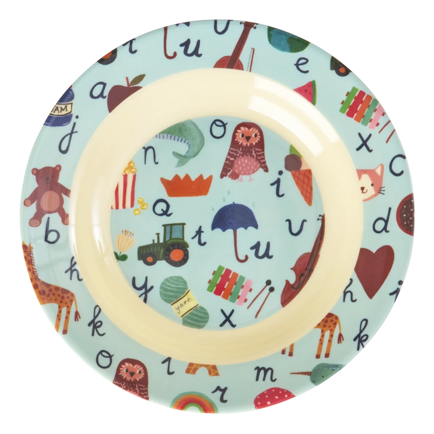 Ciotola bambini in melamina RICE ABC con fantasia colorata di lettere e animali, ideale per pappe, cereali, yogurt e pasta.